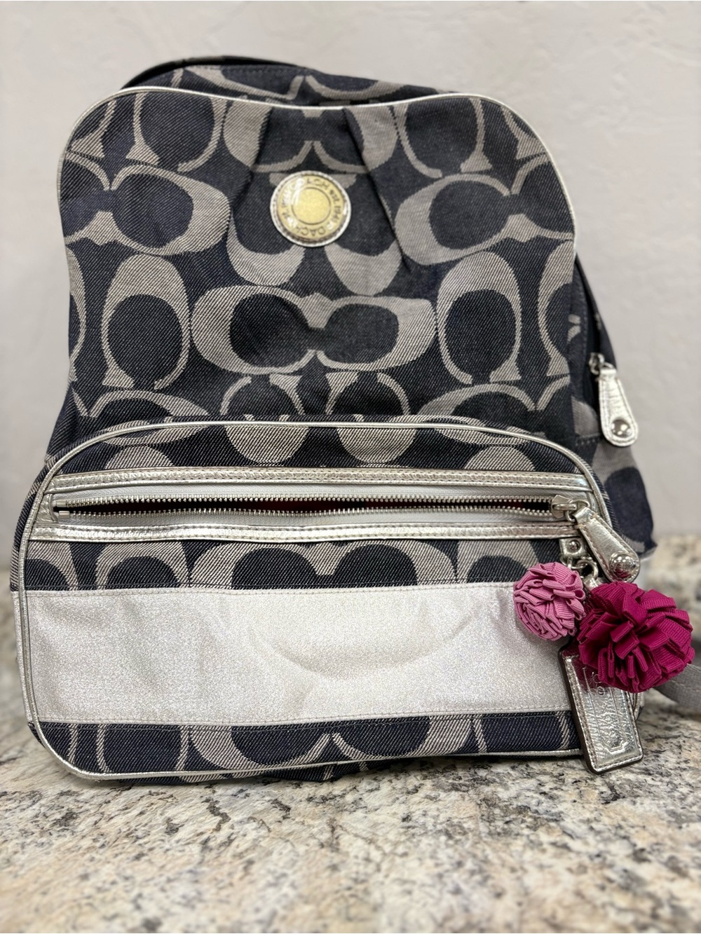 Coach Black & Gray Signature Canvas Backpack with Pink Pom-Pom Charm